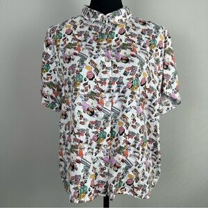 Nicole Miller Top 100% Linen Button Up Blouse Size XL Beachscape Novelty Unique